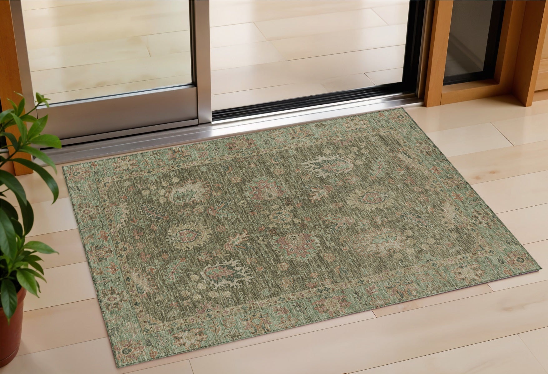 3 X 5 Olive Green And Rust Floral Washable Indoor Outdoor Area Rug