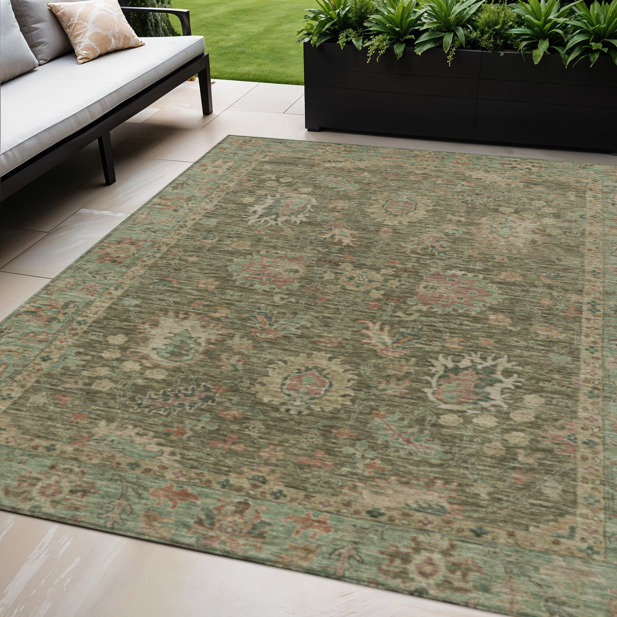 5 X 8 Olive Green And Rust Floral Washable Indoor Outdoor Area Rug