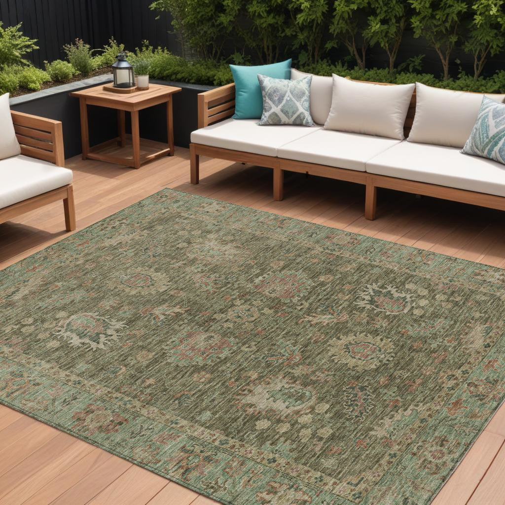 10 X 14 Olive Green And Rust Floral Washable Indoor Outdoor Area Rug
