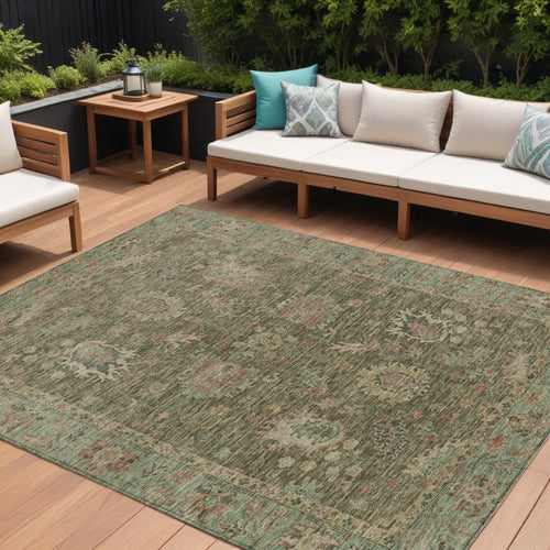 10 X 14 Olive Green And Rust Floral Washable Indoor Outdoor Area Rug