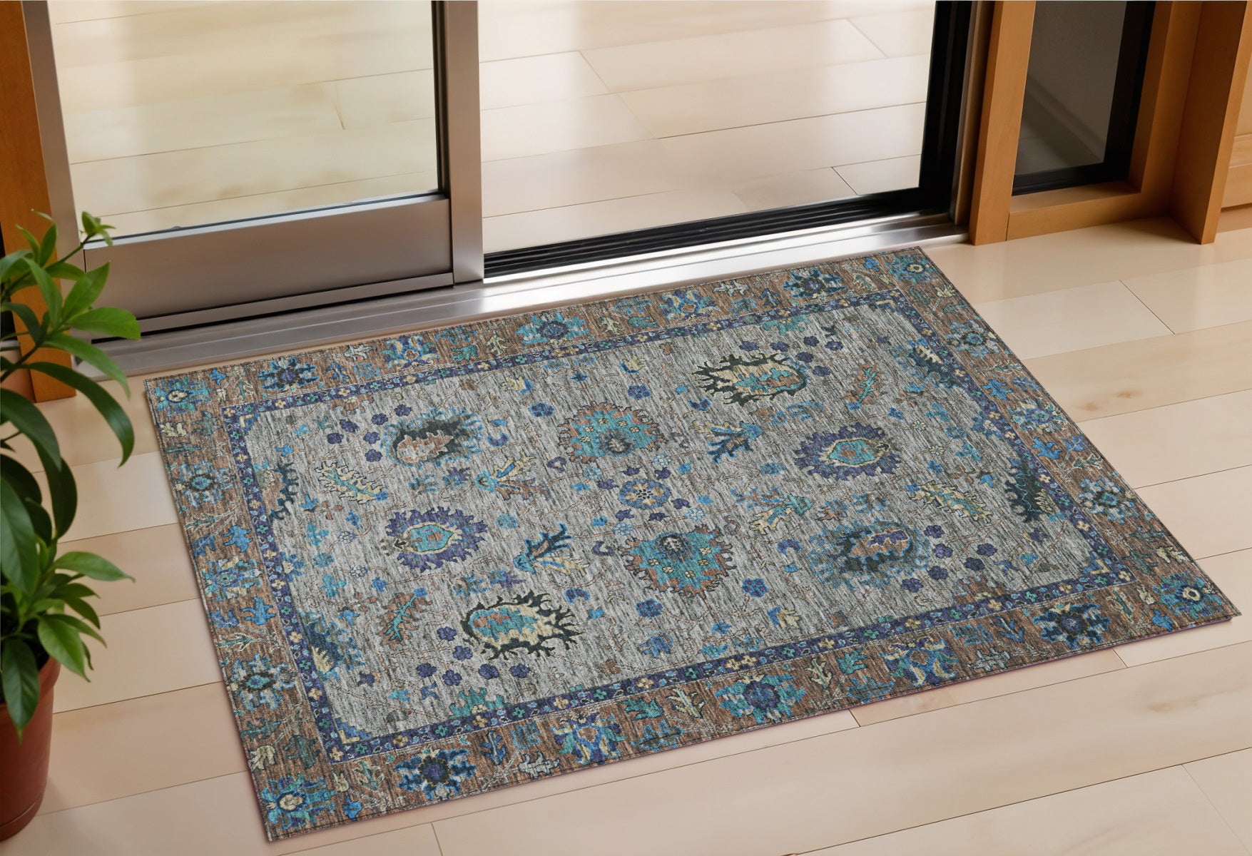 3 X 5 Pewter And Teal Blue Floral Washable Indoor Outdoor Area Rug