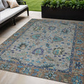 5 X 8 Pewter And Teal Blue Floral Washable Indoor Outdoor Area Rug