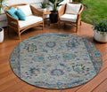 8 Pewter And Teal Blue Round Floral Washable Indoor Outdoor Area Rug