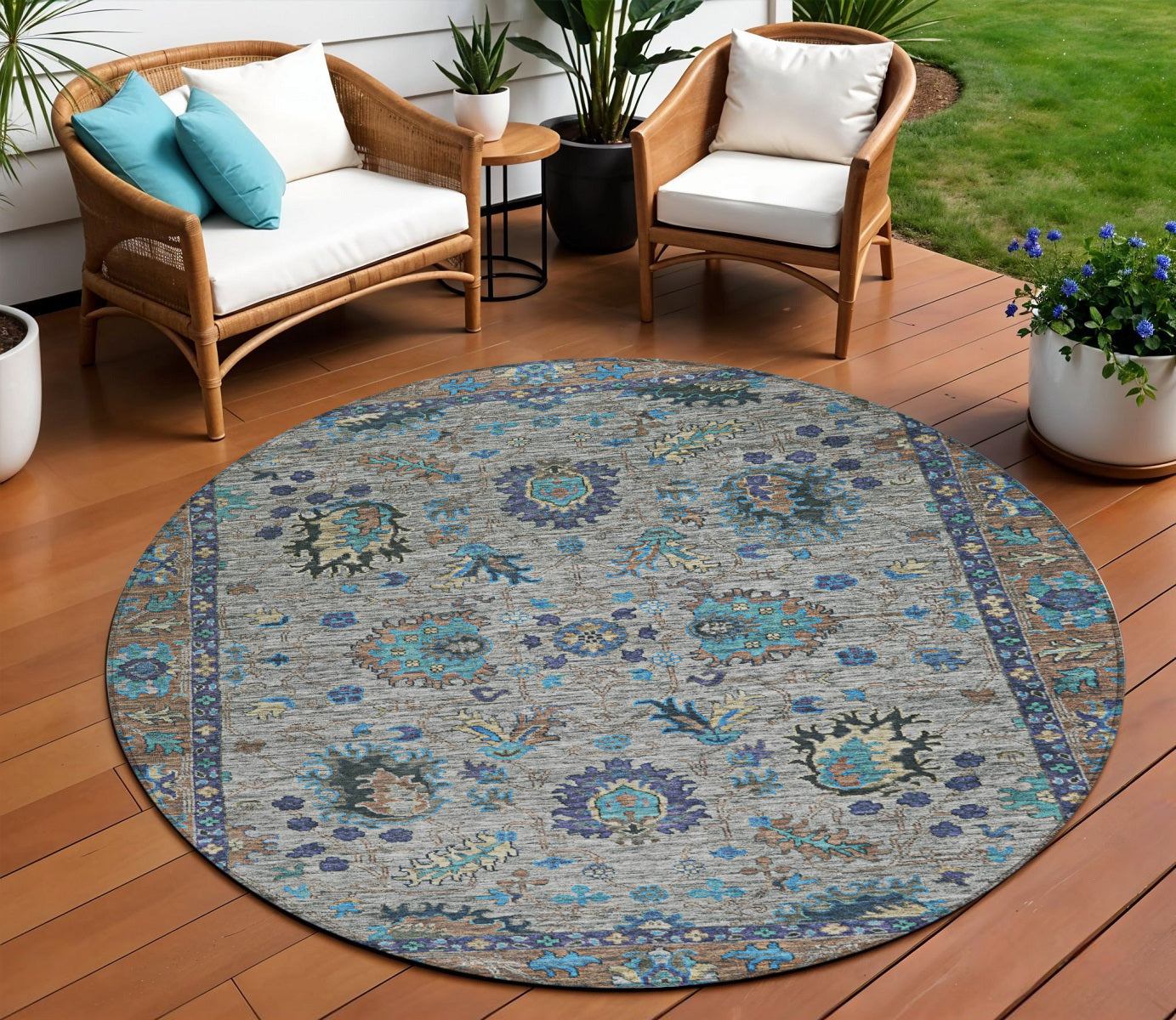 8 Pewter And Teal Blue Round Floral Washable Indoor Outdoor Area Rug