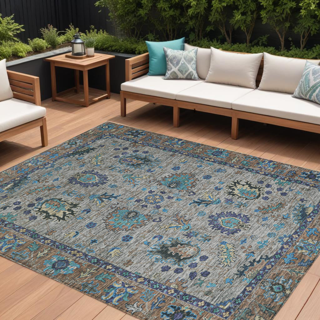 10 X 14 Pewter And Teal Blue Floral Washable Indoor Outdoor Area Rug