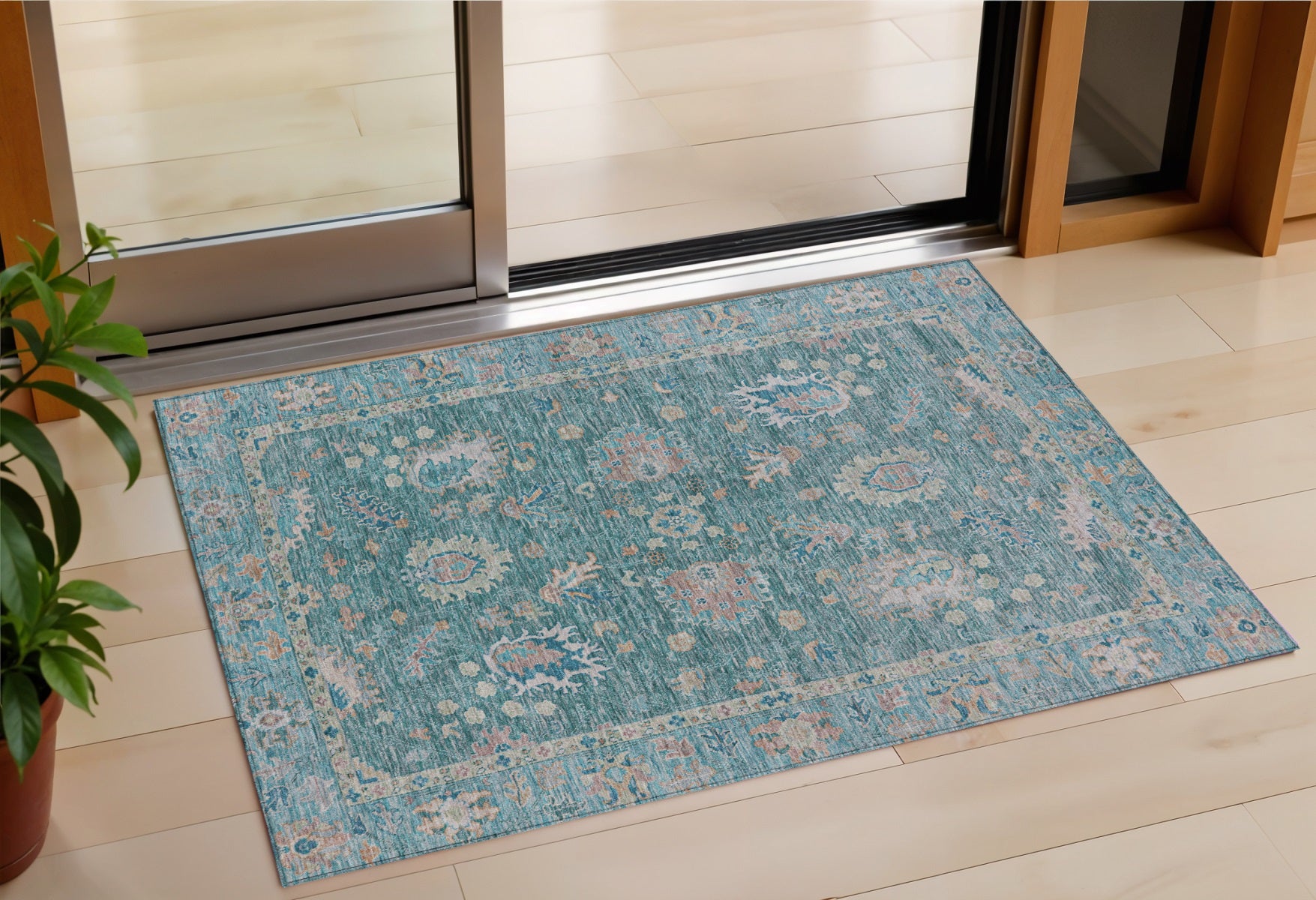 3 X 5 Teal Blue And Beige Floral Washable Indoor Outdoor Area Rug