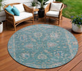 8 Teal Blue And Beige Round Floral Washable Indoor Outdoor Area Rug