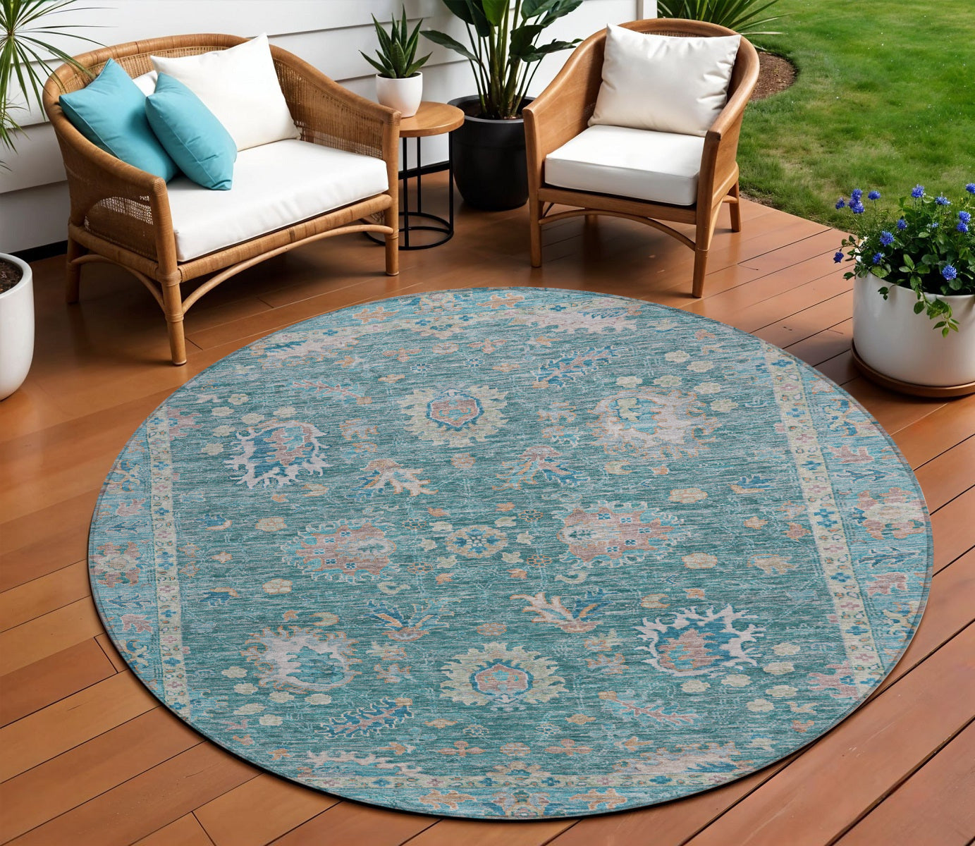 8 Teal Blue And Beige Round Floral Washable Indoor Outdoor Area Rug