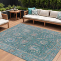 9 X 12 Teal Blue And Beige Floral Washable Indoor Outdoor Area Rug