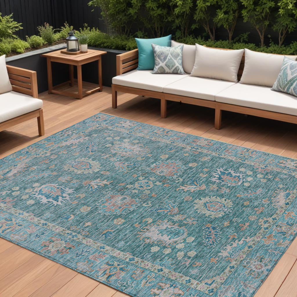 10 X 14 Teal Blue And Beige Floral Washable Indoor Outdoor Area Rug