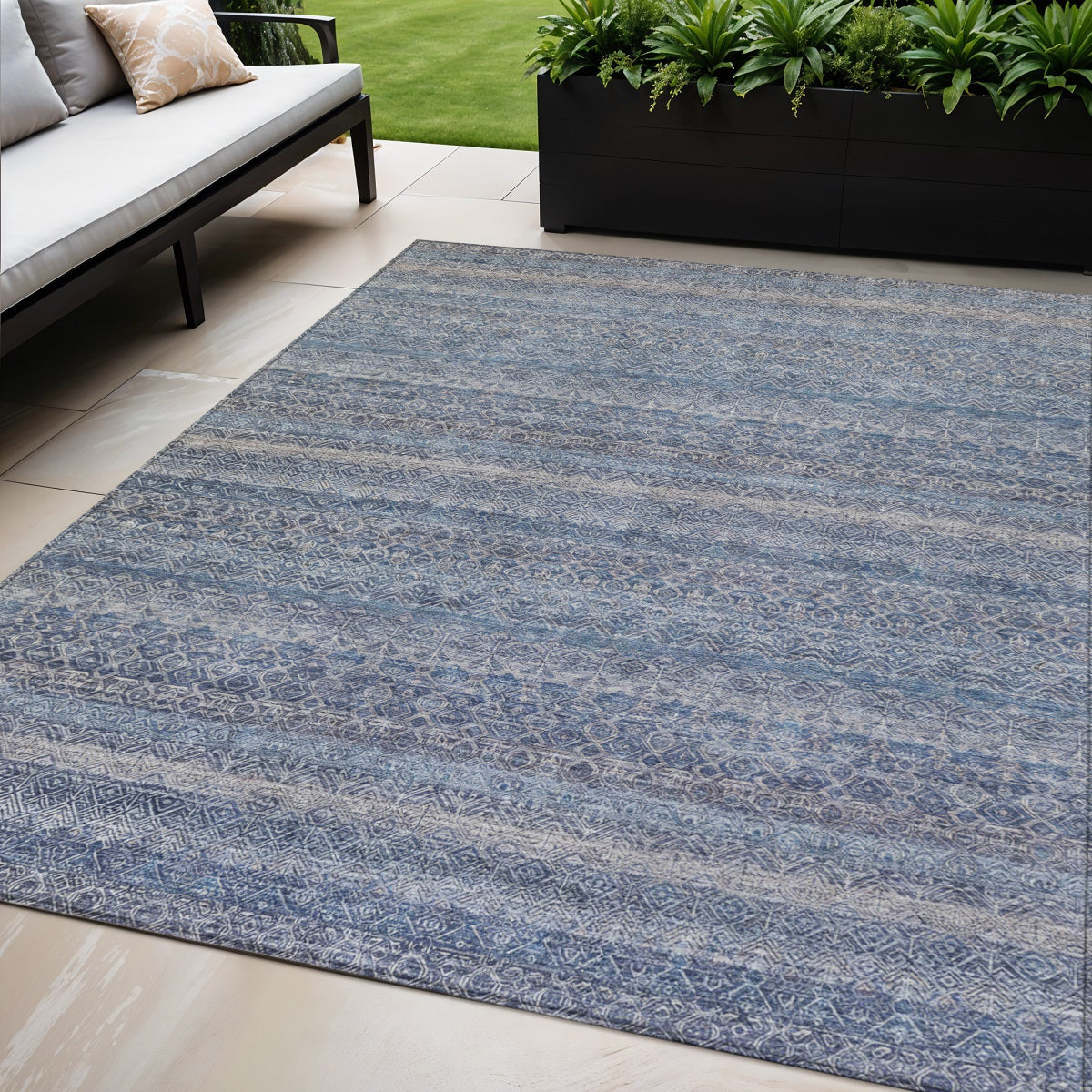 5 X 8 Blue And Sky Blue Striped Washable Indoor Outdoor Area Rug