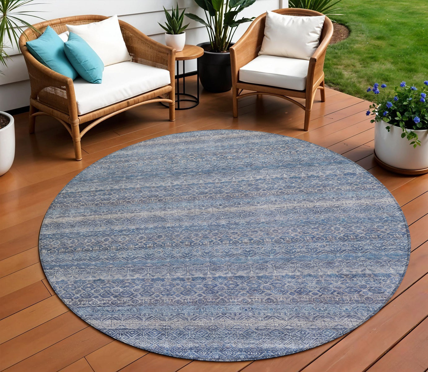 8 Blue And Sky Blue Round Striped Washable Indoor Outdoor Area Rug