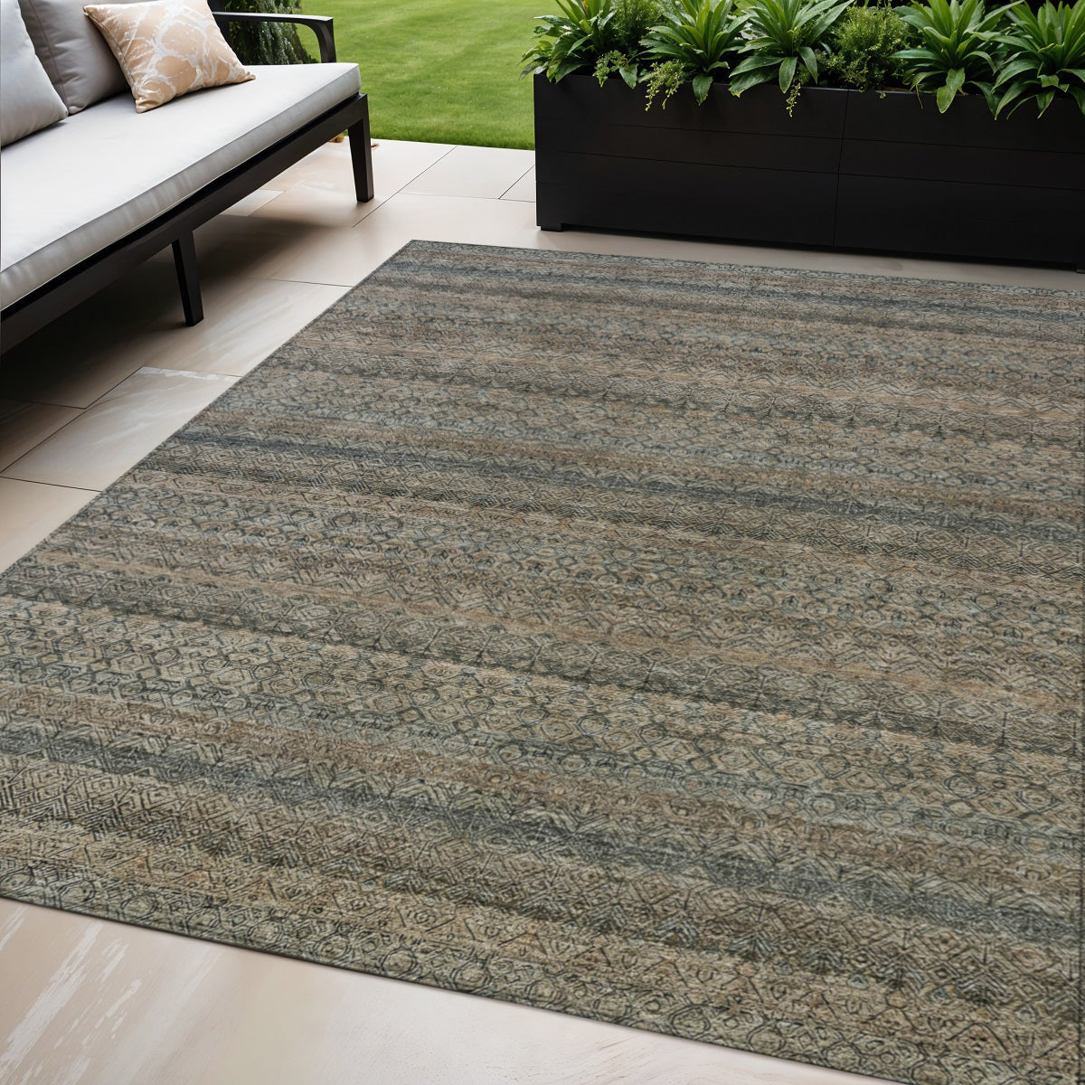 5 X 8 Chocolate And Gray Striped Washable Indoor Outdoor Area Rug