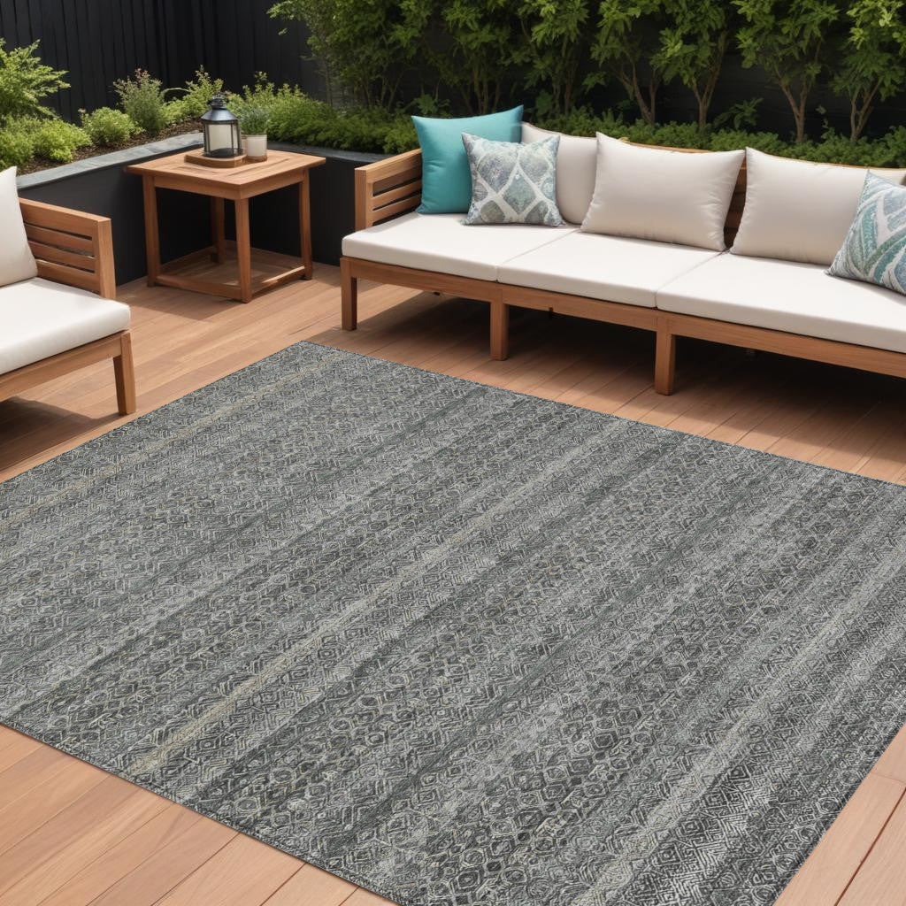 8 X 10 Pewter And Gray Striped Washable Indoor Outdoor Area Rug