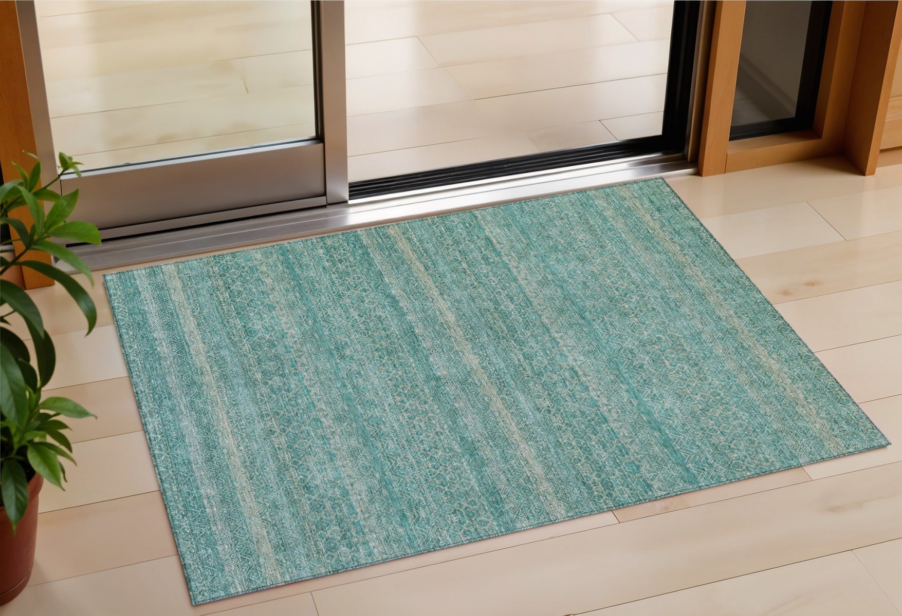 3 X 5 Teal Blue And Beige Striped Washable Indoor Outdoor Area Rug