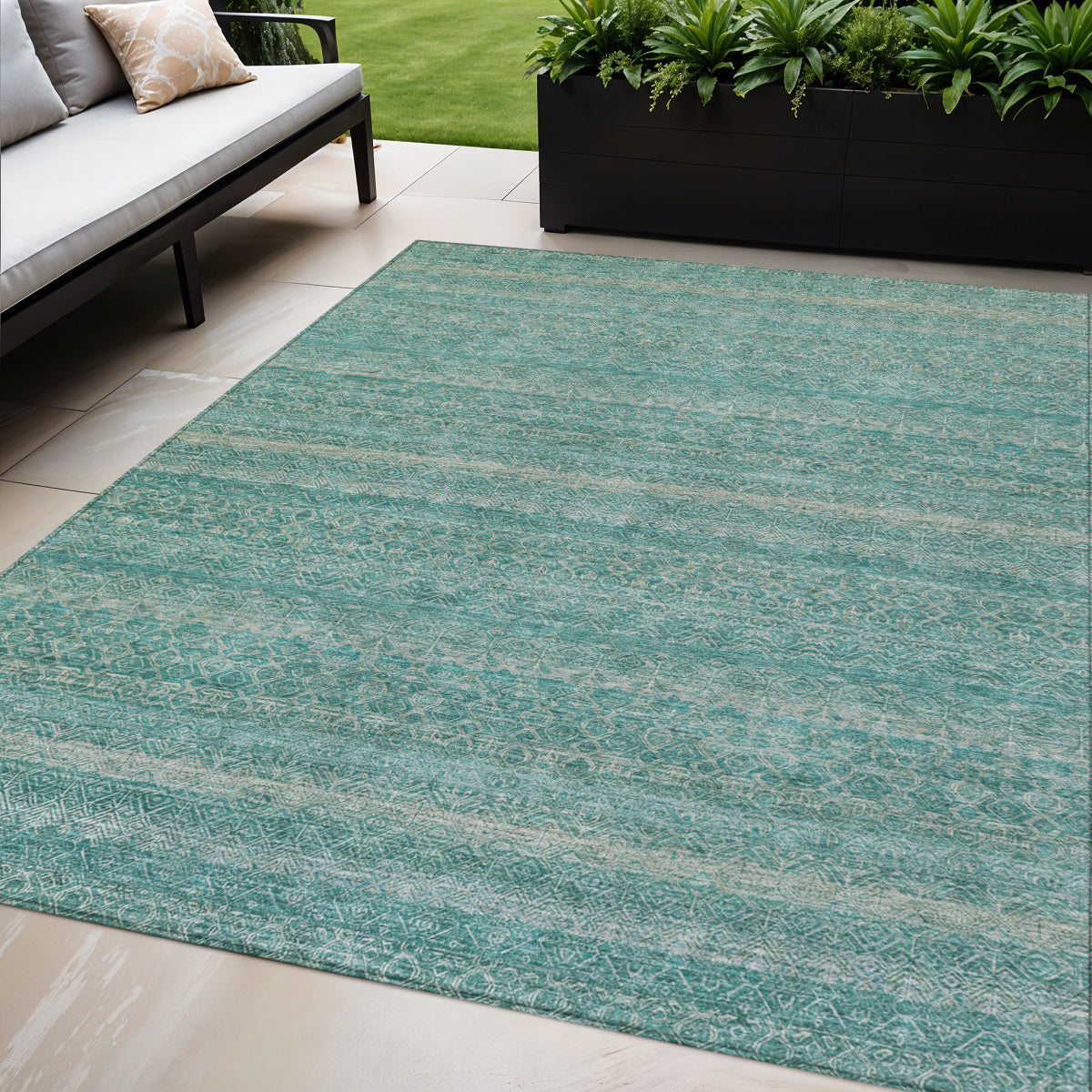 5 X 8 Teal Blue And Beige Striped Washable Indoor Outdoor Area Rug