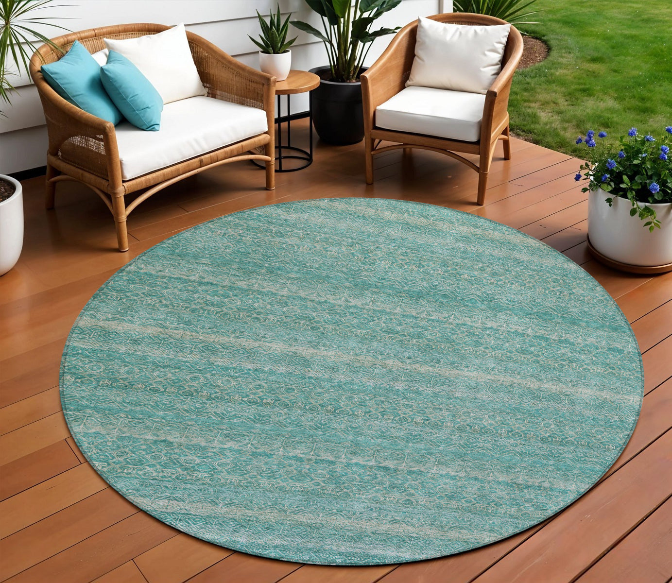 8 Teal Blue And Beige Round Striped Washable Indoor Outdoor Area Rug