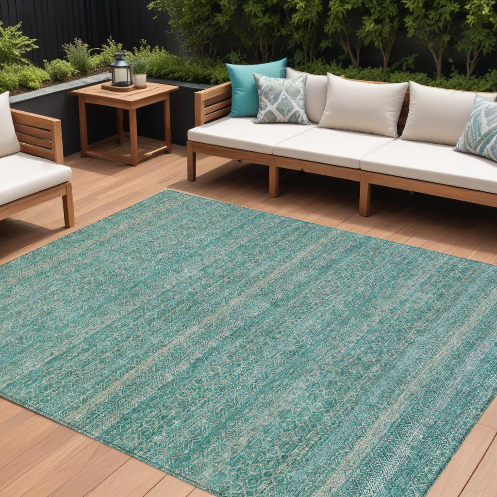 8 X 10 Teal Blue And Beige Striped Washable Indoor Outdoor Area Rug