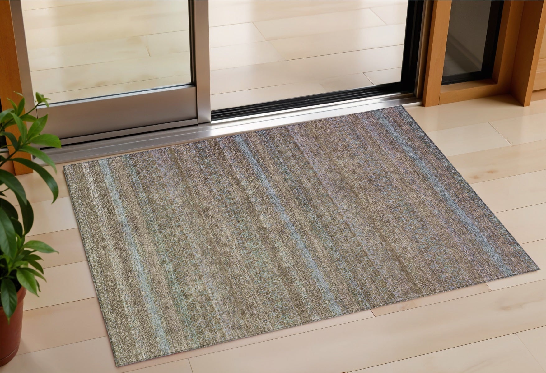3 X 5 Brown And Denim Blue Striped Washable Indoor Outdoor Area Rug