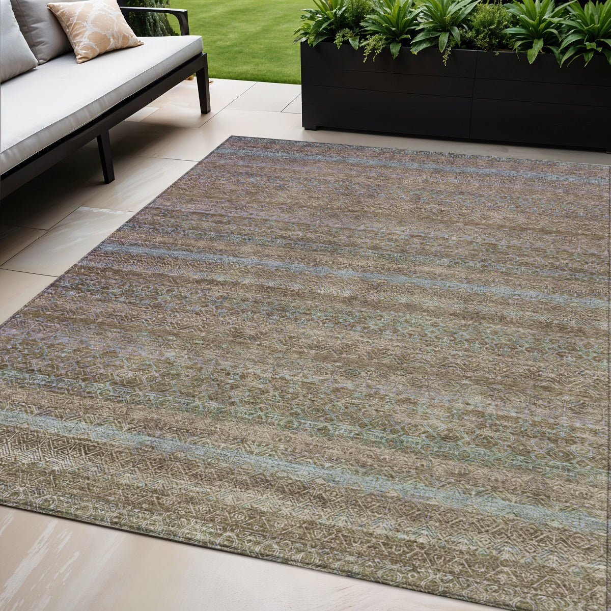 5 X 8 Brown And Denim Blue Striped Washable Indoor Outdoor Area Rug