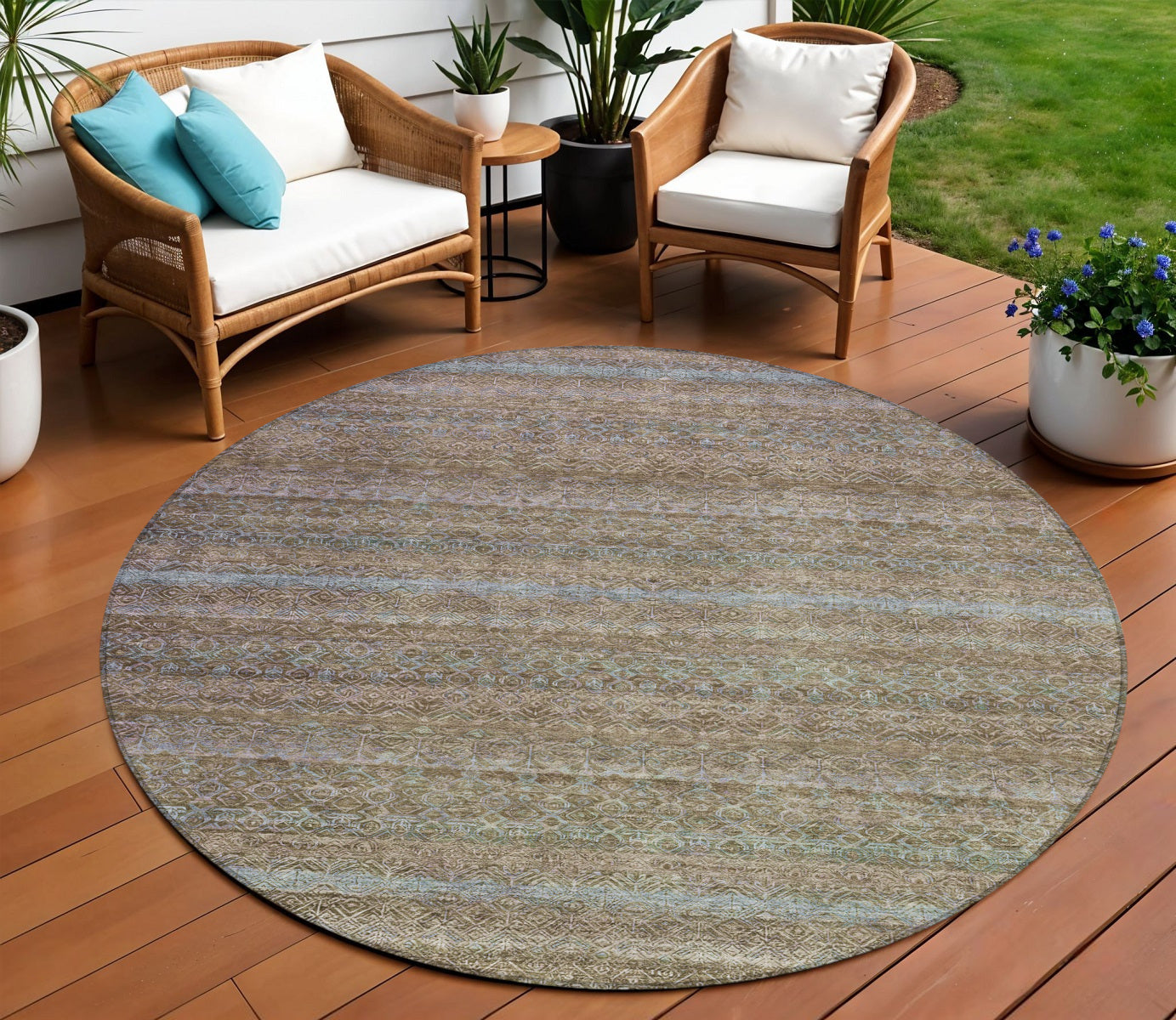 8 Brown And Denim Blue Round Striped Washable Indoor Outdoor Area Rug