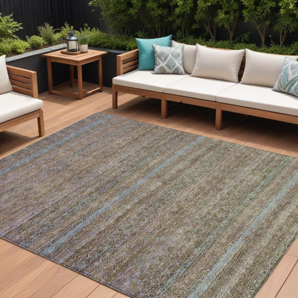 9 X 12 Brown And Denim Blue Striped Washable Indoor Outdoor Area Rug