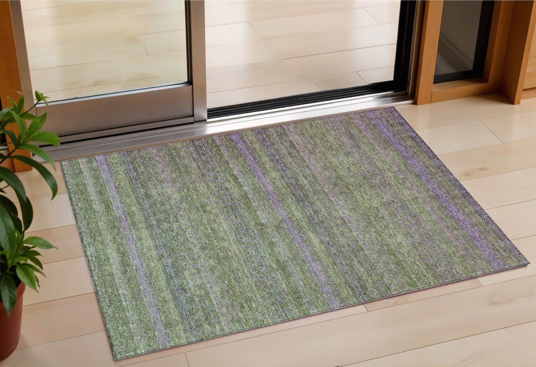 3 X 5 Olive Green And Purple Striped Washable Indoor Outdoor Area Rug