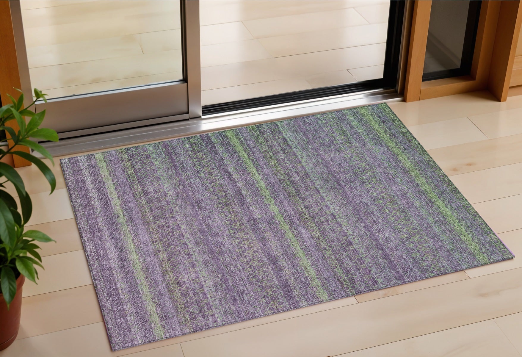 3 X 5 Purple And Lime Green Striped Washable Indoor Outdoor Area Rug