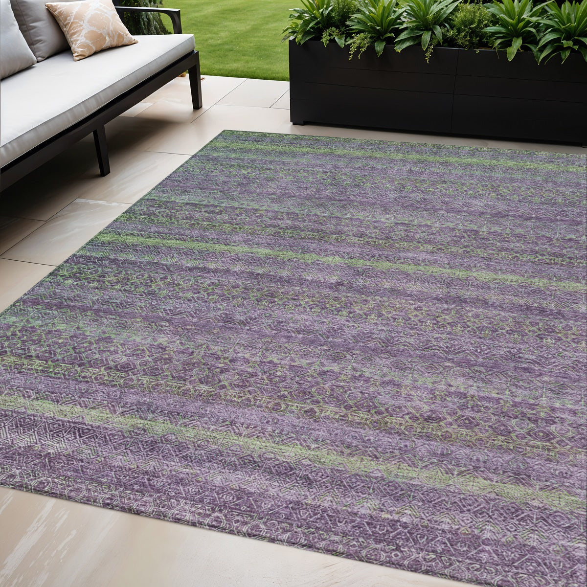 5 X 8 Purple And Lime Green Striped Washable Indoor Outdoor Area Rug