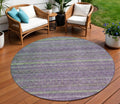 8 Purple And Lime Green Round Striped Washable Indoor Outdoor Area Rug