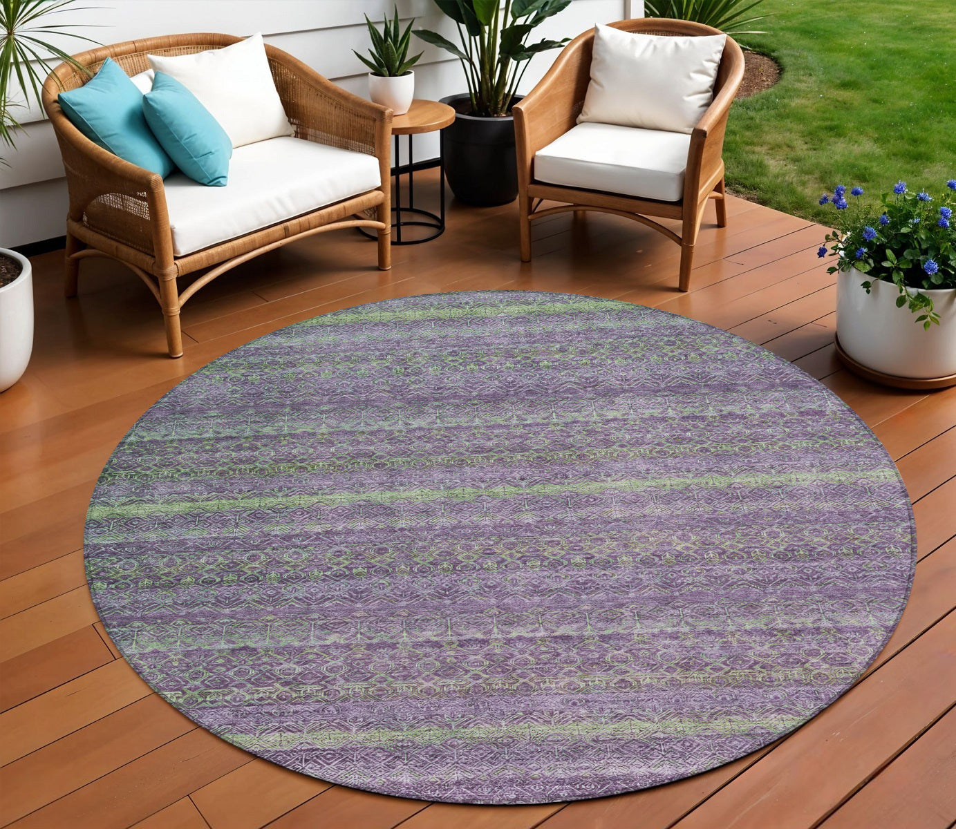8 Purple And Lime Green Round Striped Washable Indoor Outdoor Area Rug