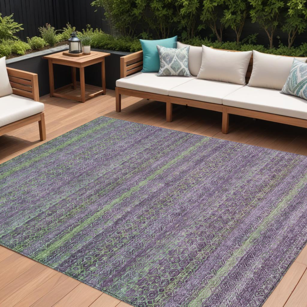 8 X 10 Purple And Lime Green Striped Washable Indoor Outdoor Area Rug