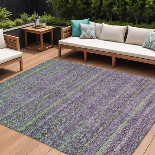 10 X 14 Purple And Lime Green Striped Washable Indoor Outdoor Area Rug
