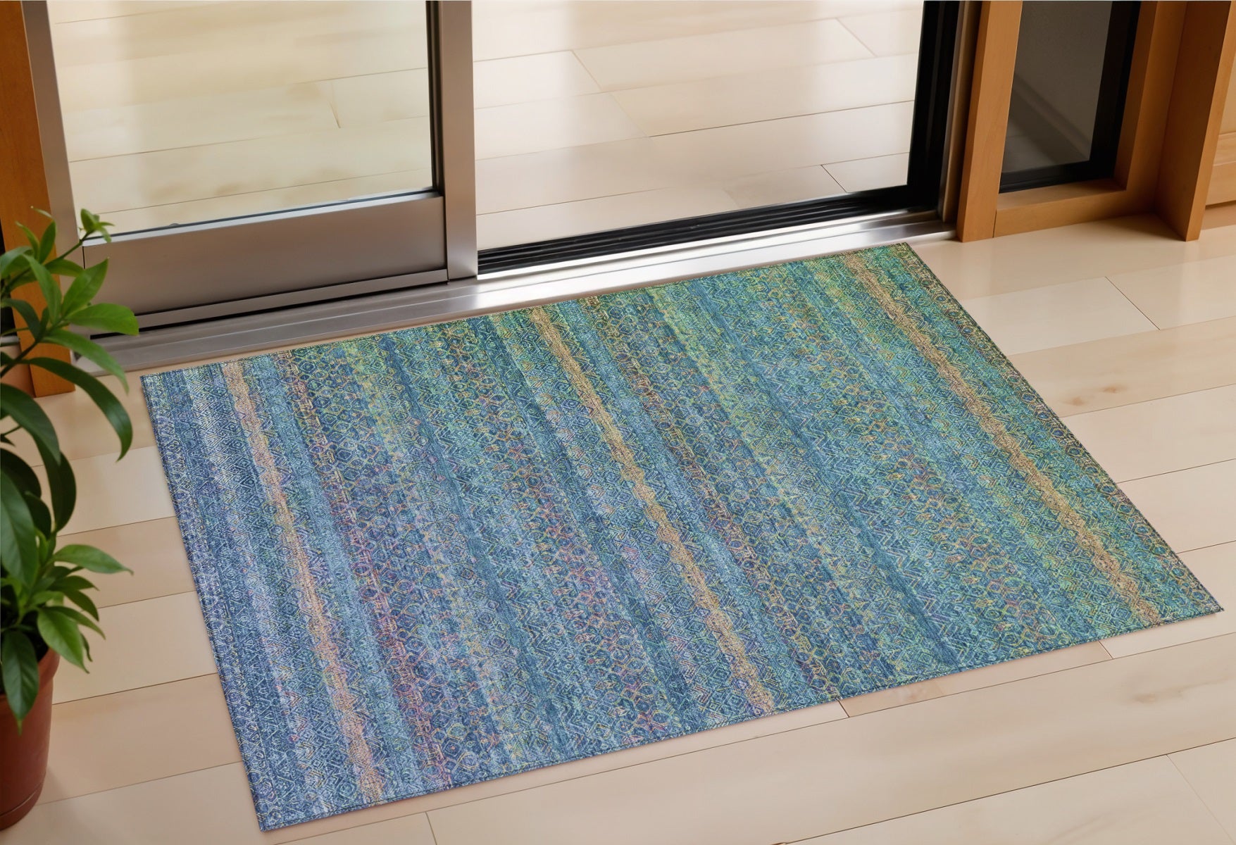 3 X 5 Teal Blue And Copper Striped Washable Indoor Outdoor Area Rug