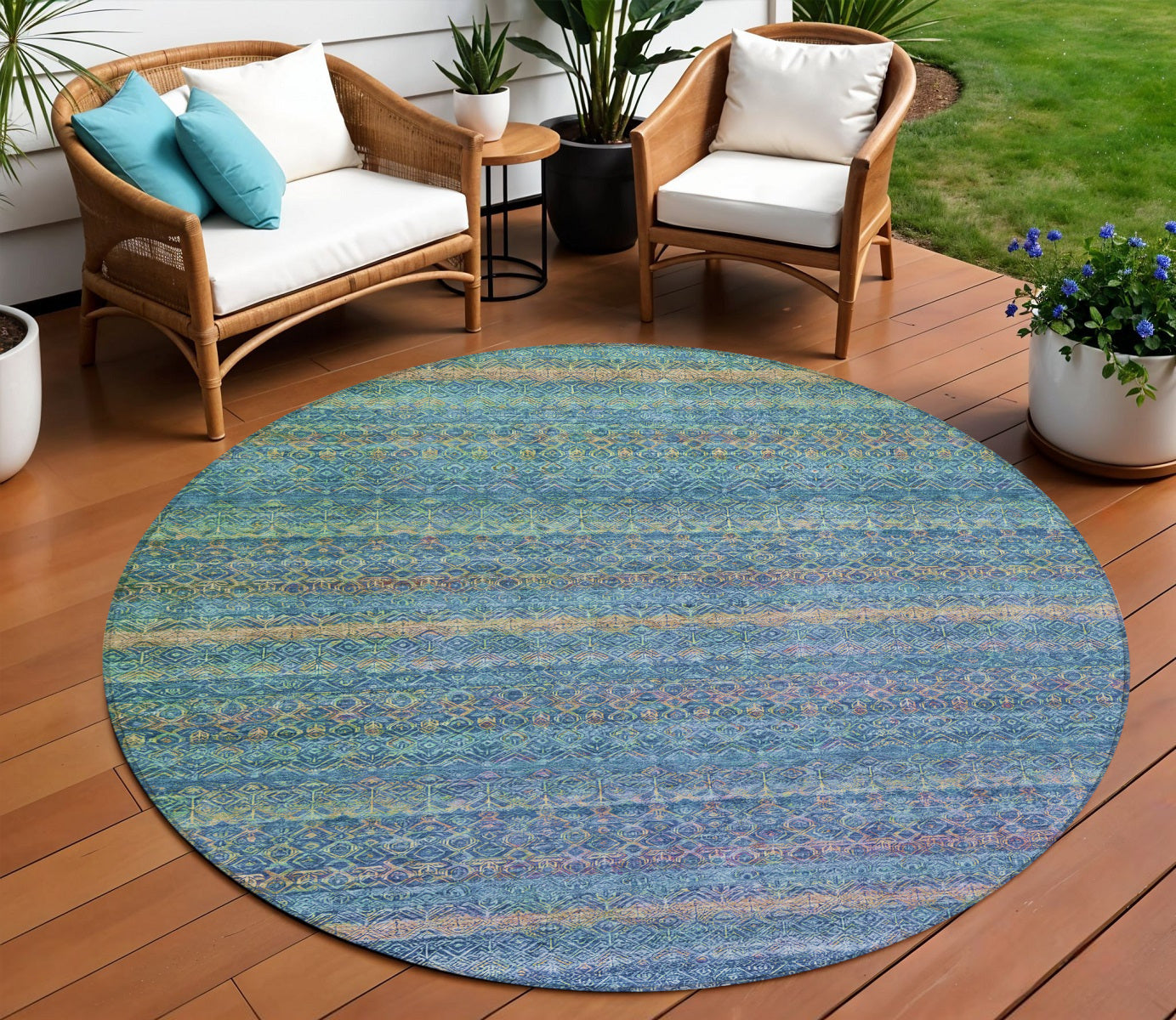 8 Teal Blue And Copper Round Striped Washable Indoor Outdoor Area Rug