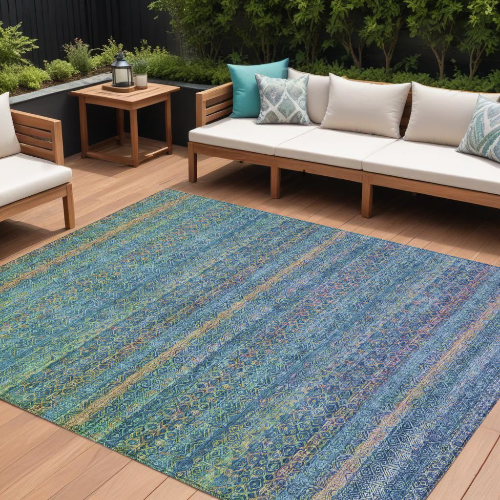 8 X 10 Teal Blue And Copper Striped Washable Indoor Outdoor Area Rug