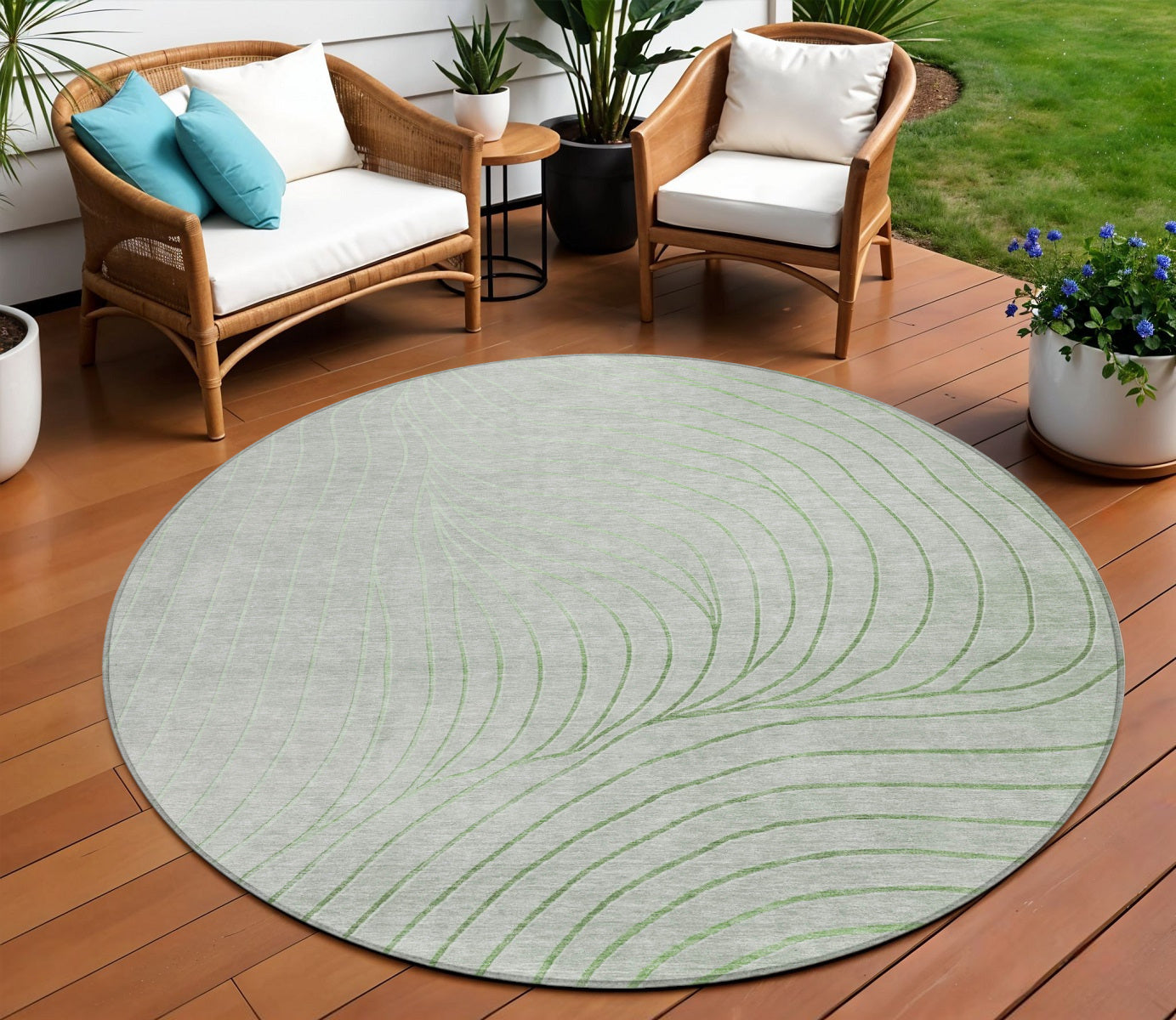 8 Artichoke Green And Silver Round Abstract Washable Indoor Outdoor Area Rug