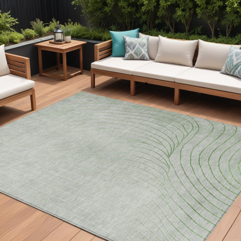 8 X 10 Artichoke Green And Silver Abstract Washable Indoor Outdoor Area Rug