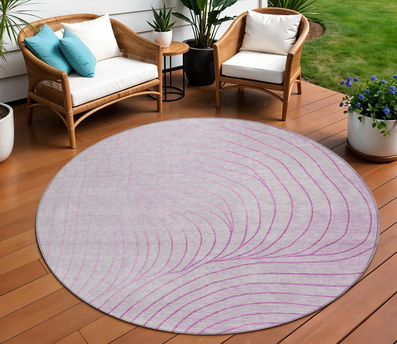 8 Blush And Silver Round Abstract Washable Indoor Outdoor Area Rug