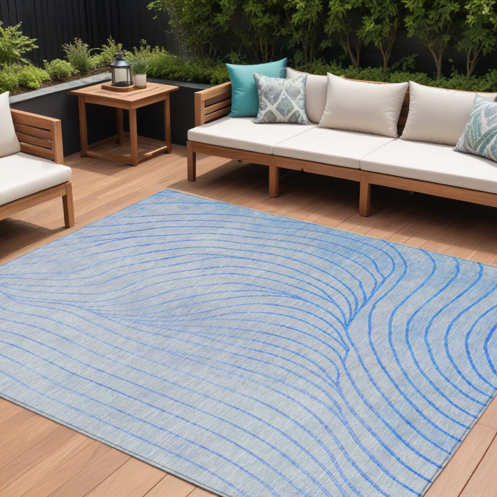 10 X 14 Blue And Silver Abstract Washable Indoor Outdoor Area Rug