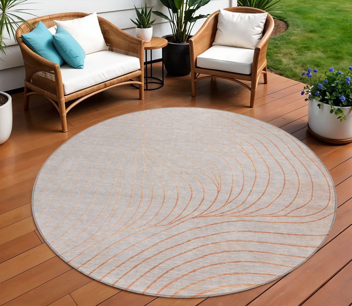 8 Copper And Silver Round Abstract Washable Indoor Outdoor Area Rug