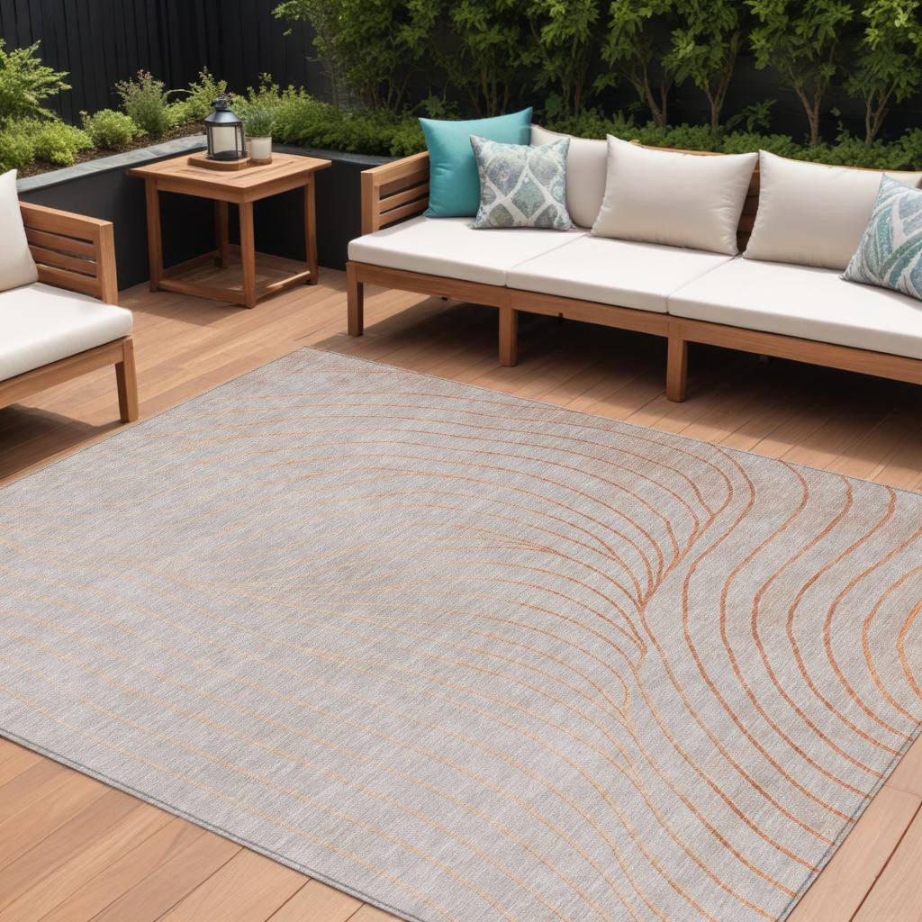 10 X 14 Copper And Silver Abstract Washable Indoor Outdoor Area Rug