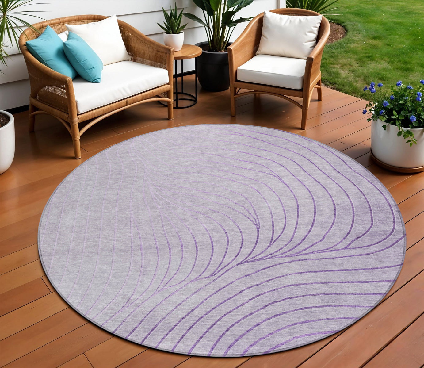 8 Lavender And Silver Round Abstract Washable Indoor Outdoor Area Rug