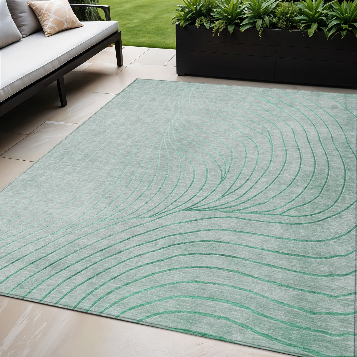 5 X 8 Mint Green And Silver Abstract Washable Indoor Outdoor Area Rug