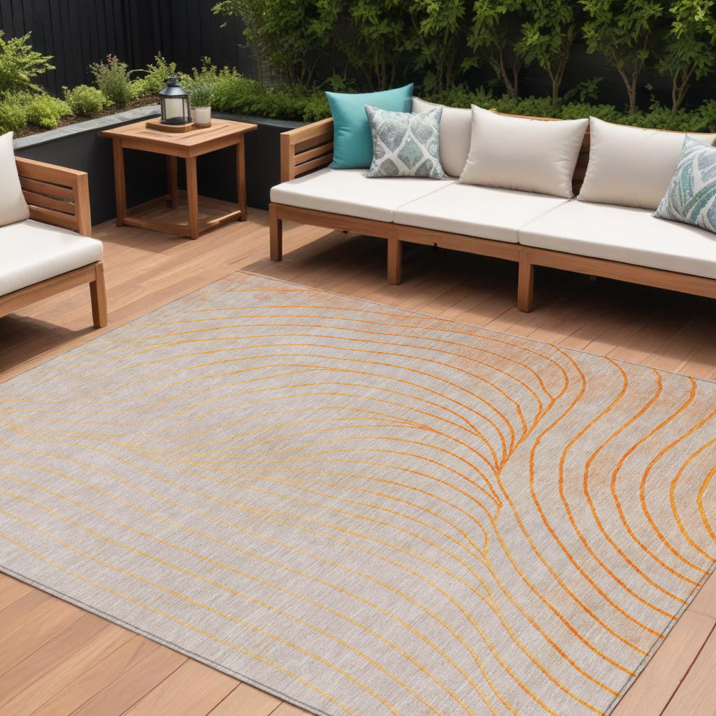 9 X 12 Orange And Silver Abstract Washable Indoor Outdoor Area Rug