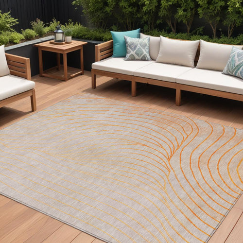 10 X 14 Orange And Silver Abstract Washable Indoor Outdoor Area Rug