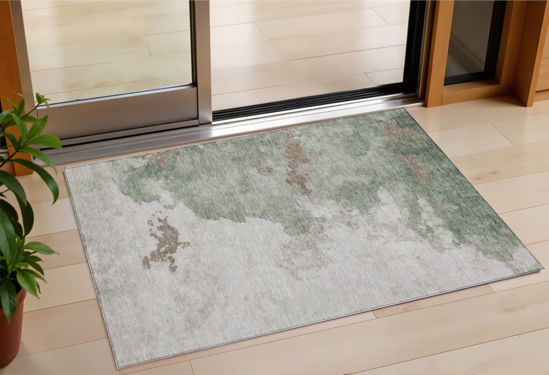3 X 5 Artichoke Green And Linen Abstract Washable Indoor Outdoor Area Rug