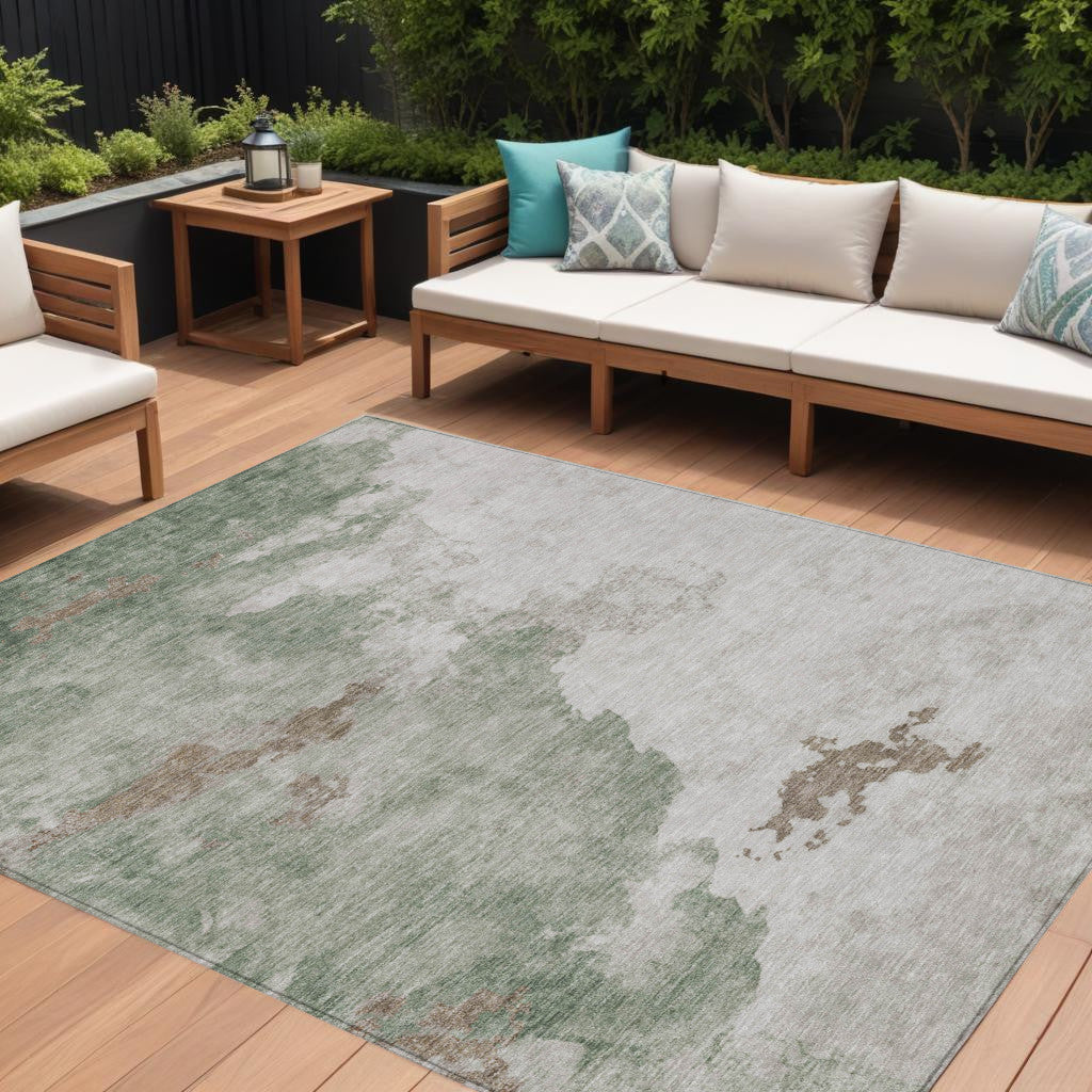 10 X 14 Artichoke Green And Linen Abstract Washable Indoor Outdoor Area Rug