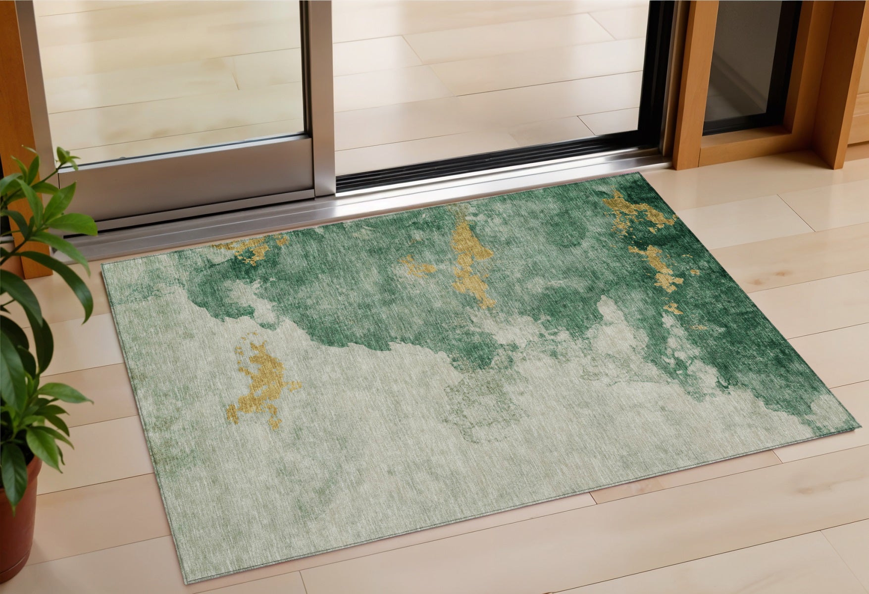 3 X 5 Emerald And Gold Abstract Washable Indoor Outdoor Area Rug