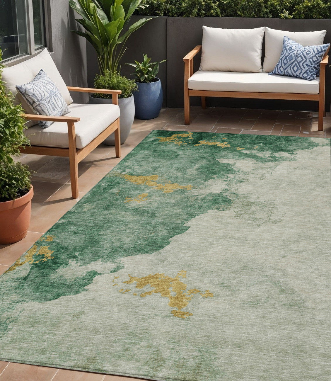 5 X 8 Emerald And Gold Abstract Washable Indoor Outdoor Area Rug